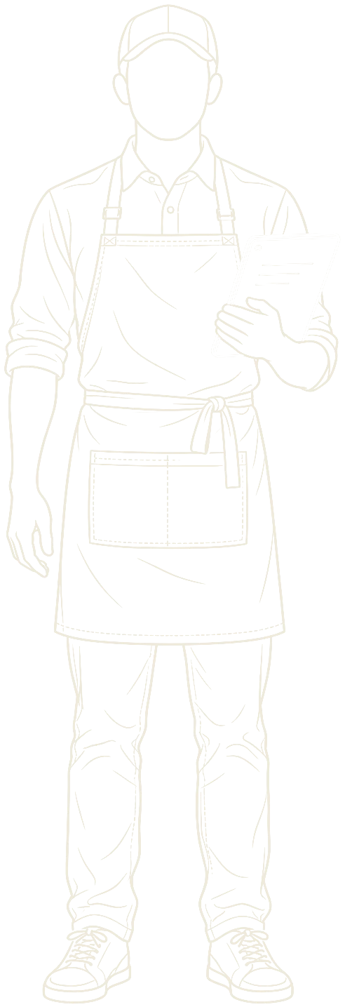 Line drawing of a shop owner in a cap and apron, holding a tablet.